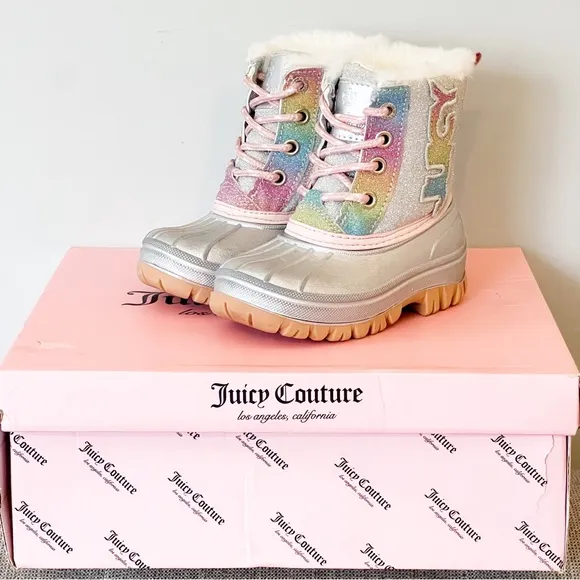 Juicy Couture Lil Quinto Drive Toddler Silver &amp; Rainbow Glitter Snow Duck Boots