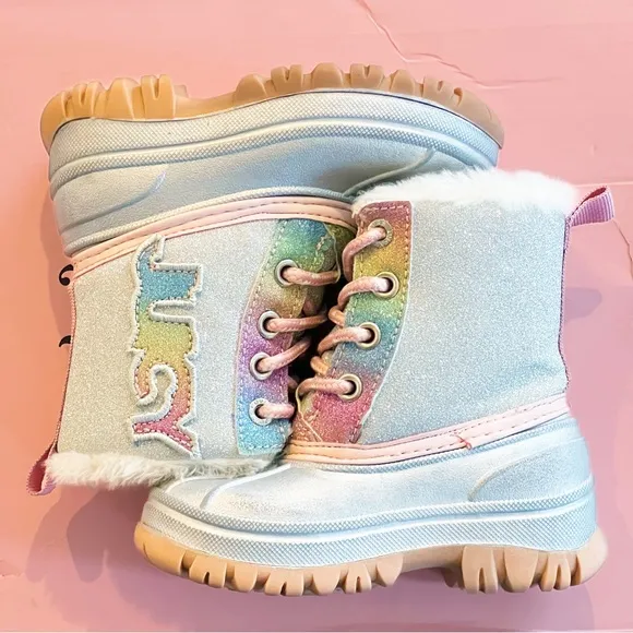 Juicy Couture Lil Quinto Drive Toddler Silver &amp; Rainbow Glitter Snow Duck Boots