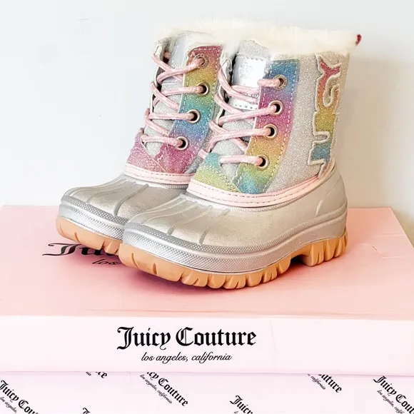 Juicy Couture Lil Quinto Drive Toddler Silver &amp; Rainbow Glitter Snow Duck Boots