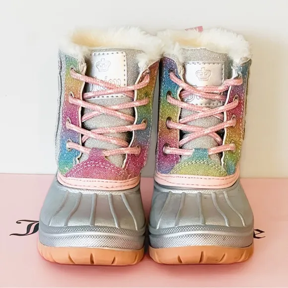 Juicy Couture Lil Quinto Drive Toddler Silver &amp; Rainbow Glitter Snow Duck Boots