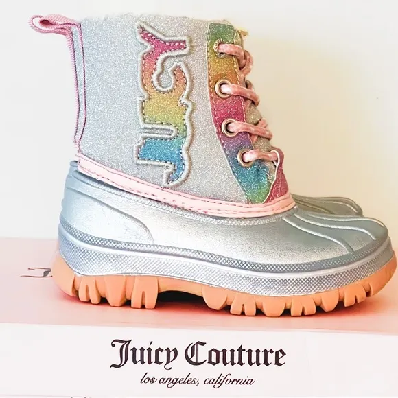 Juicy Couture Lil Quinto Drive Toddler Silver &amp; Rainbow Glitter Snow Duck Boots