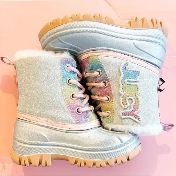 Juicy Couture Lil Quinto Drive Toddler Silver &amp; Rainbow Glitter Snow Duck Boots