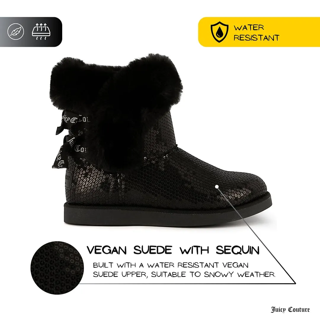 Juicy Couture Women's Slip On Winter Snow Boots Warm & Insulated Fur Lining Comfortable Fashion Booties-King 2-Black Sequins-7