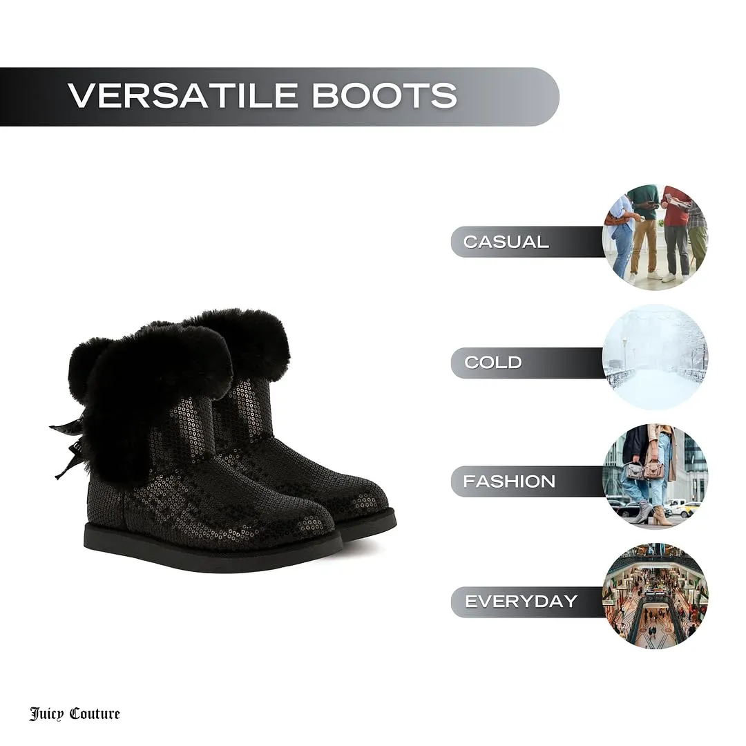 Juicy Couture Women's Slip On Winter Snow Boots Warm & Insulated Fur Lining Comfortable Fashion Booties-King 2-Black Sequins-7