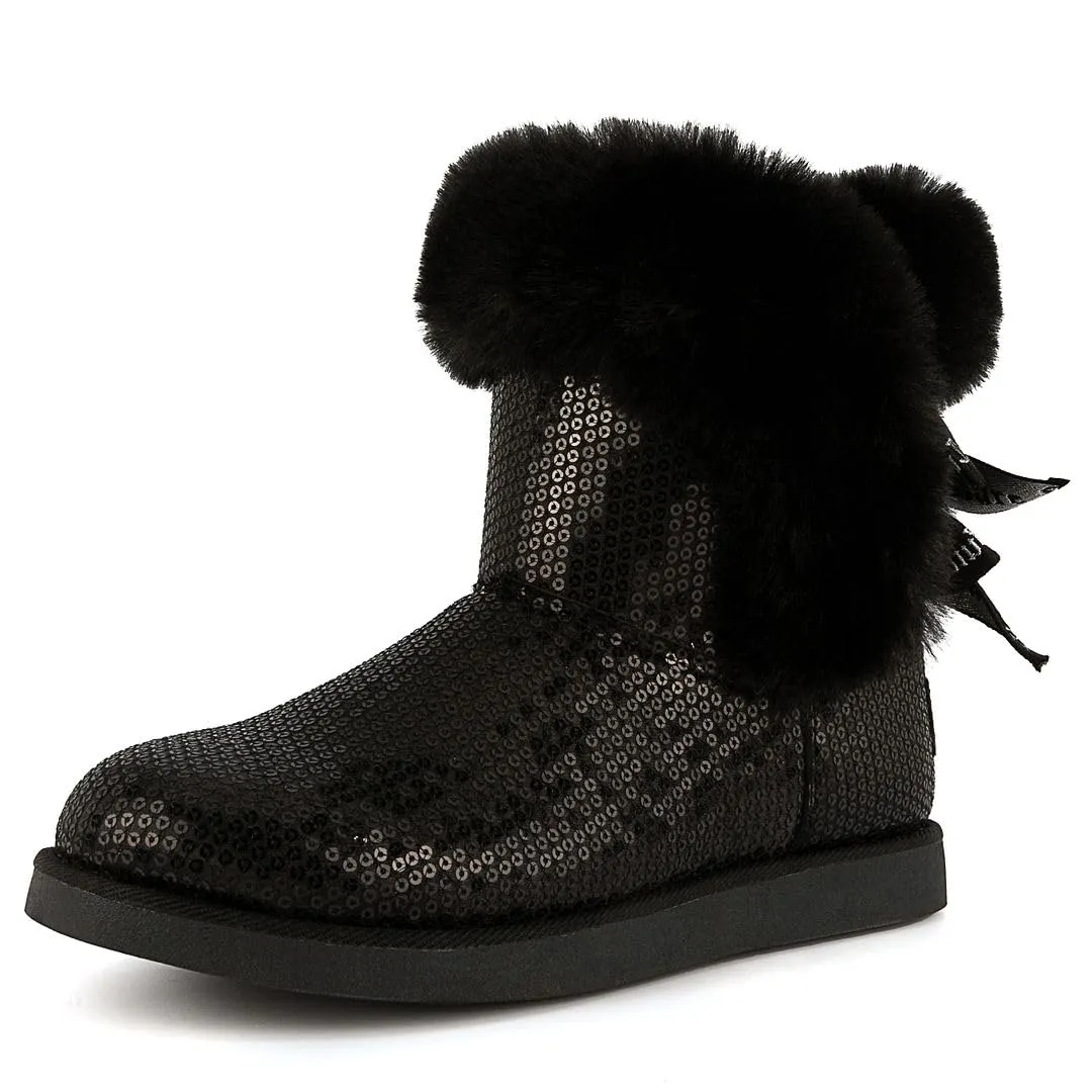 Juicy Couture Women's Slip On Winter Snow Boots Warm & Insulated Fur Lining Comfortable Fashion Booties-King 2-Black Sequins-7
