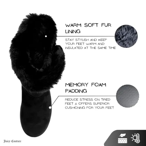 Juicy Couture Women's Slip On Winter Snow Boots Warm & Insulated Fur Lining Comfortable Fashion Booties-Koded-Black-6
