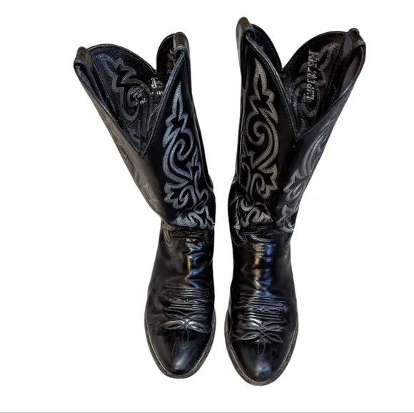 Justin Boots Black Leather Cowboy Western Men’s 9.5E Roper Rodeo Stitching