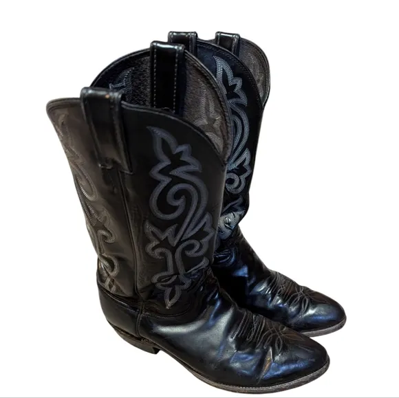 Justin Boots Black Leather Cowboy Western Men’s 9.5E Roper Rodeo Stitching
