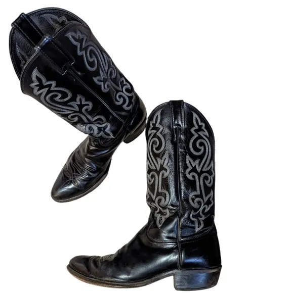 Justin Boots Black Leather Cowboy Western Men’s 9.5E Roper Rodeo Stitching