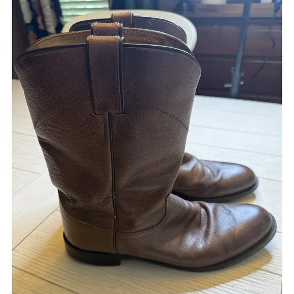 Justin Cognac Brown Leather Men's Roper Style Cowboy Boots. Sz 8.5 EE