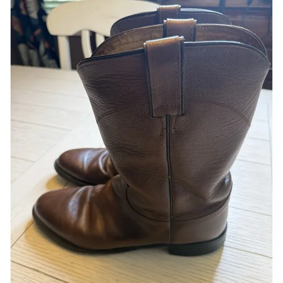Justin Cognac Brown Leather Men's Roper Style Cowboy Boots. Sz 8.5 EE