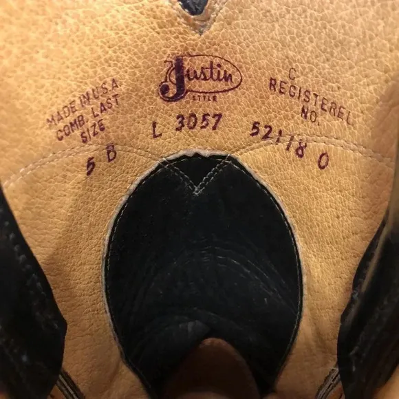 Justin leather cowboy boots.  Dark blue with light blue stitching. Size 5B