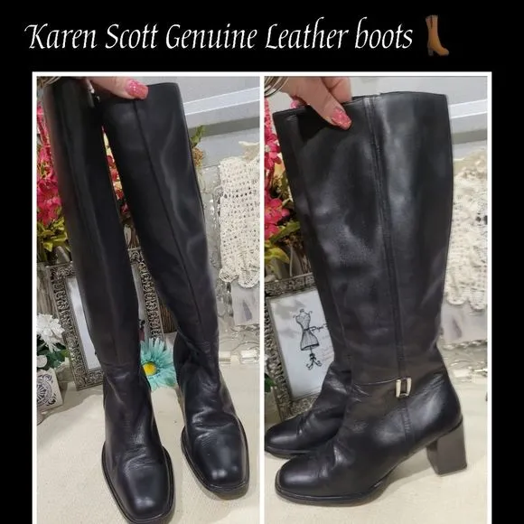KAREN SCOTT GENUINE LEATHER CHUNKY HEEL BOOTS Zipper and elastic insert in calf