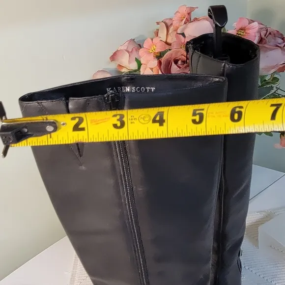 KAREN SCOTT GENUINE LEATHER CHUNKY HEEL BOOTS Zipper and elastic insert in calf