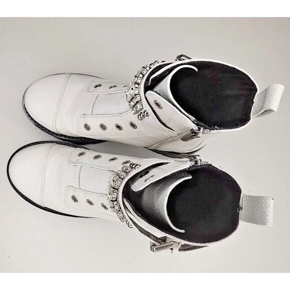 Karl Lagerfeld “MAIKA” White Leather Cap Toe Rhinestone Zip Up Biker Boots, 6.5M
