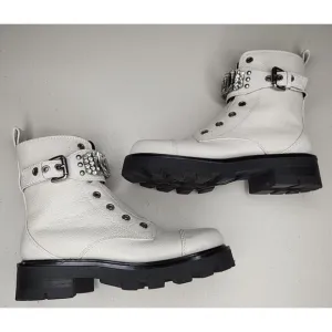 Karl Lagerfeld “MAIKA” White Leather Cap Toe Rhinestone Zip Up Biker Boots, 6.5M
