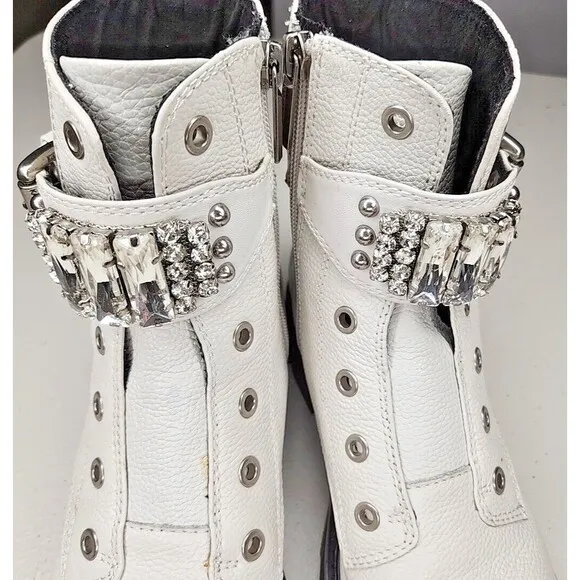 Karl Lagerfeld “MAIKA” White Leather Cap Toe Rhinestone Zip Up Biker Boots, 6.5M