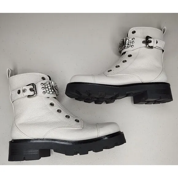 Karl Lagerfeld “MAIKA” White Leather Cap Toe Rhinestone Zip Up Biker Boots, 6.5M