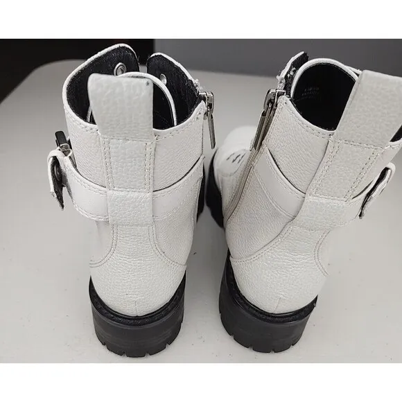 Karl Lagerfeld “MAIKA” White Leather Cap Toe Rhinestone Zip Up Biker Boots, 6.5M