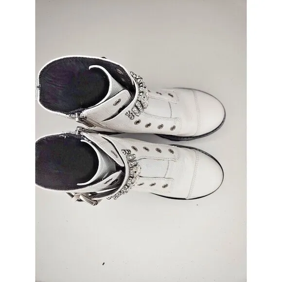 Karl Lagerfeld “MAIKA” White Leather Cap Toe Rhinestone Zip Up Biker Boots, 6.5M