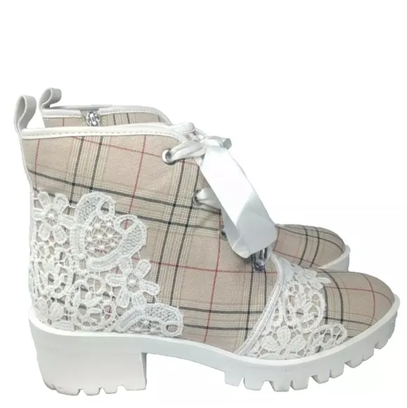 Karl Lagerfeld Paris Parker Lace &amp; Plaid Boots Size 8 M Retail $169