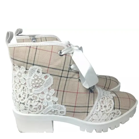 Karl Lagerfeld Paris Parker Lace &amp; Plaid Boots Size 8 M Retail $169