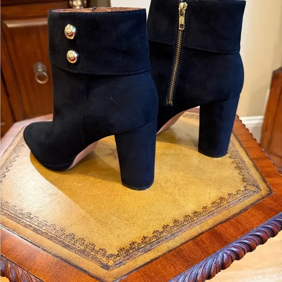 Kate Spade black suede heeled boots gold buttons size 9
