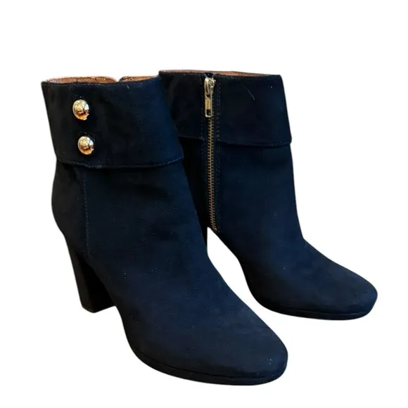 Kate Spade black suede heeled boots gold buttons size 9