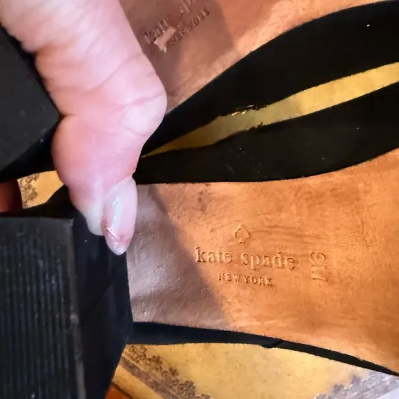 Kate Spade black suede heeled boots gold buttons size 9