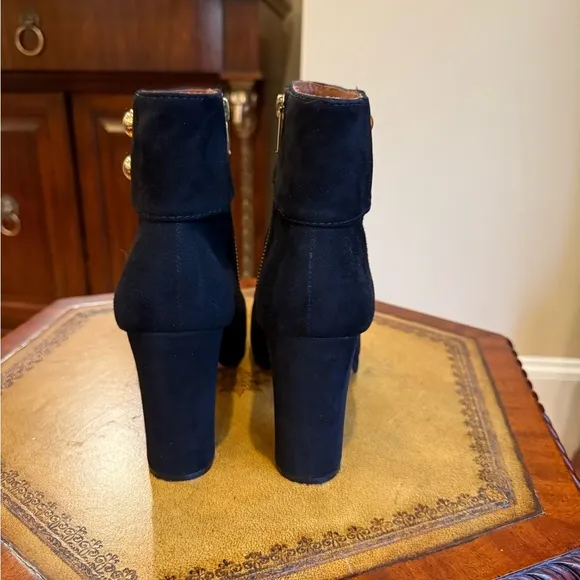 Kate Spade black suede heeled boots gold buttons size 9