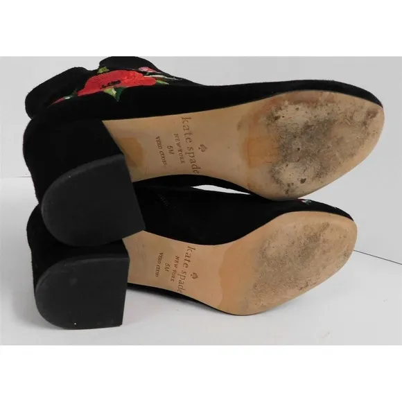 Kate Spade Black Suede Leather Rose Flower Embroidered Ankle Boots 5 M