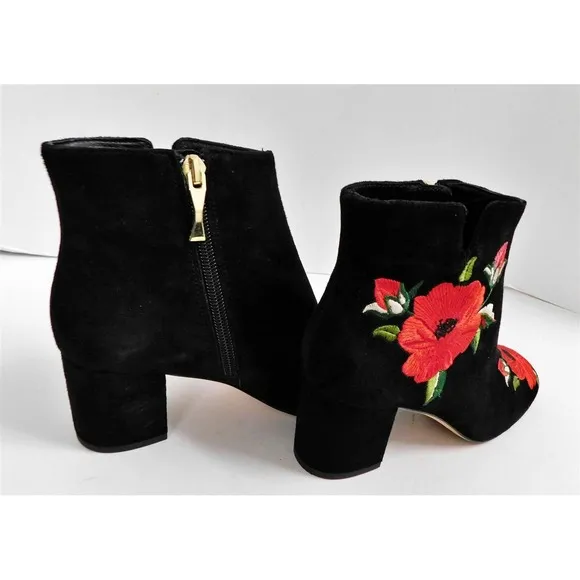 Kate Spade Black Suede Leather Rose Flower Embroidered Ankle Boots 5 M