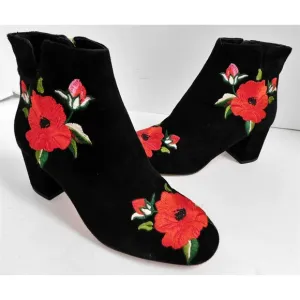 Kate Spade Black Suede Leather Rose Flower Embroidered Ankle Boots 5 M
