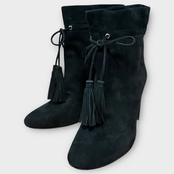 Kate Spade Dillane Black Suede High-Heel Ankle Boots Womens Size 6 Tasseled NEW