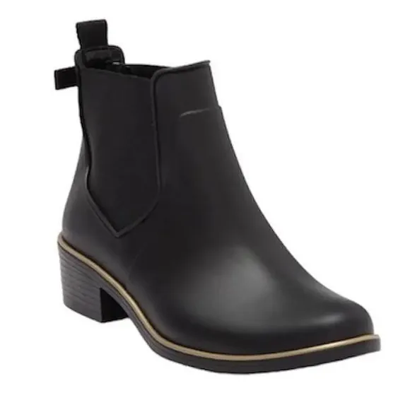 KATE SPADE SOLSTICE ANKLE RAIN BOOTS BLACK WITH GOLD DETAIL SIZE 7 NWOT