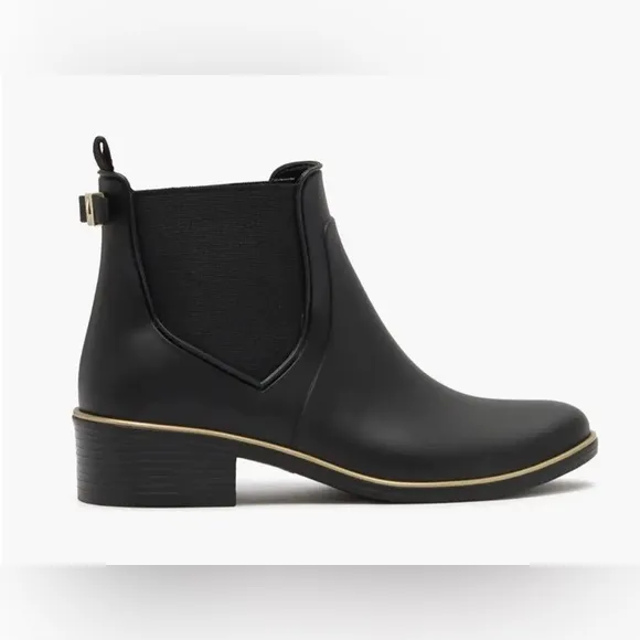 KATE SPADE SOLSTICE ANKLE RAIN BOOTS BLACK WITH GOLD DETAIL SIZE 7 NWOT