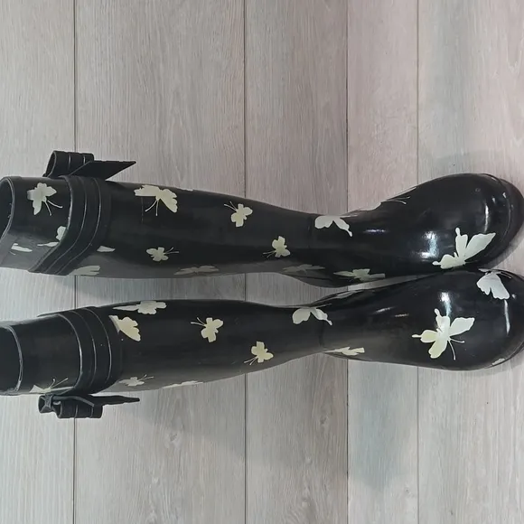 Kate Spade Women's Butterfly Black Butterfly Rain Heels Boots Shoes Sz 6