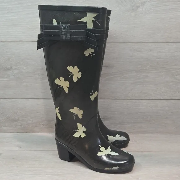Kate Spade Women's Butterfly Black Butterfly Rain Heels Boots Shoes Sz 6
