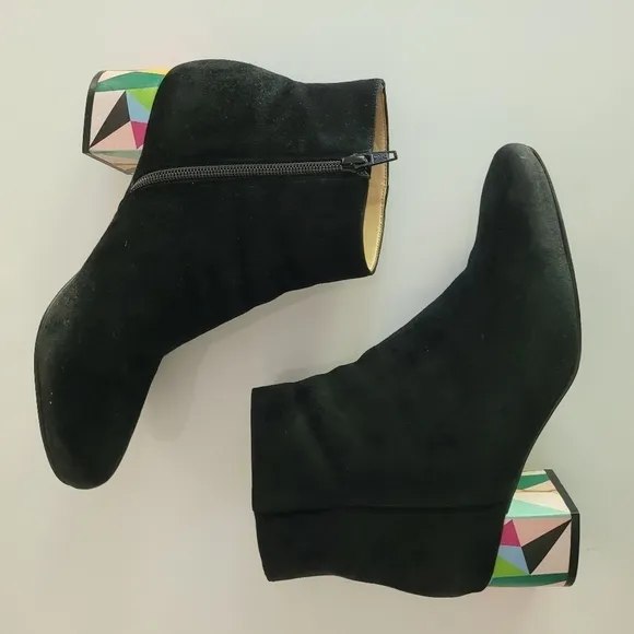 Katy Perry Farrar Black Suede Block-Heel Ankle Boots with Abstract Heel - Size 8