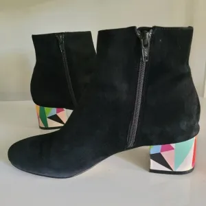Katy Perry Farrar Black Suede Block-Heel Ankle Boots with Abstract Heel - Size 8