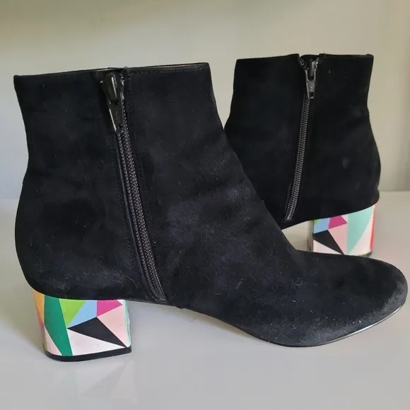 Katy Perry Farrar Black Suede Block-Heel Ankle Boots with Abstract Heel - Size 8
