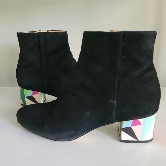 Katy Perry Farrar Black Suede Block-Heel Ankle Boots with Abstract Heel - Size 8