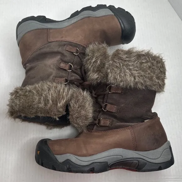 Keen Helena Brown Leather Waterproof Faux Fur Insulated Winter Boots Size 8