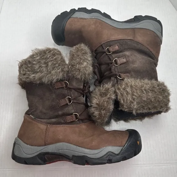 Keen Helena Brown Leather Waterproof Faux Fur Insulated Winter Boots Size 8