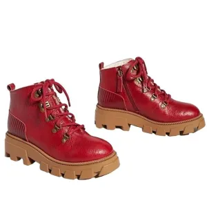 Kelsi Dagger Brooklyn Shearling Lined Leather Ankle Boots Lug Sole Red 8.5 M New