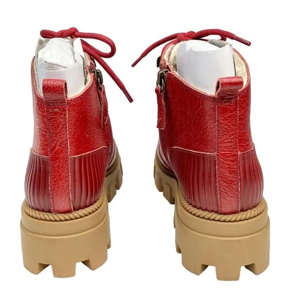 Kelsi Dagger Brooklyn Shearling Lined Leather Ankle Boots Lug Sole Red 8.5 M New
