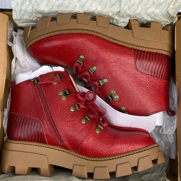 Kelsi Dagger Brooklyn Shearling Lined Leather Ankle Boots Lug Sole Red 8.5 M New