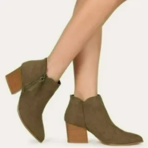 Khaki Olive Green Suede Perforated Ankle Bootie Boots Spring Block Heel Size 8.5