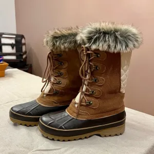 Khombu Tall Brown/Cream Color Lace-Up Rain/Snow Boots