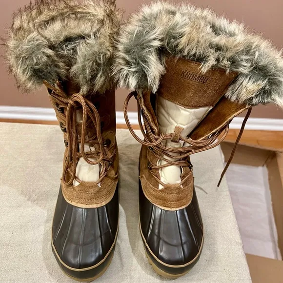 Khombu Tall Brown/Cream Color Lace-Up Rain/Snow Boots